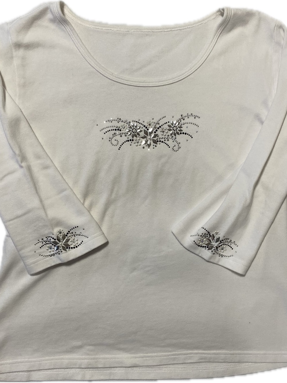 White Embellished Scoop Neck Top with Rhinestone Floral Accents